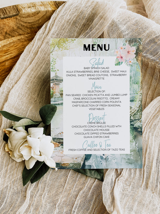Bali Beach Tropical Palm Tree Jungle Temples Buddha Watercolour Destination Wedding Menu 5x7" Instant Download - "Bali"