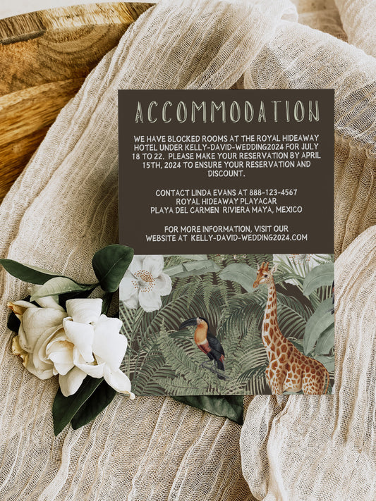 Safari Wedding Accommodation Insert, Jungle Wedding Accommodation Insert, Tropical Wedding Accommodation Insert, Giraffe, Instant Download - "Safari Jungle"