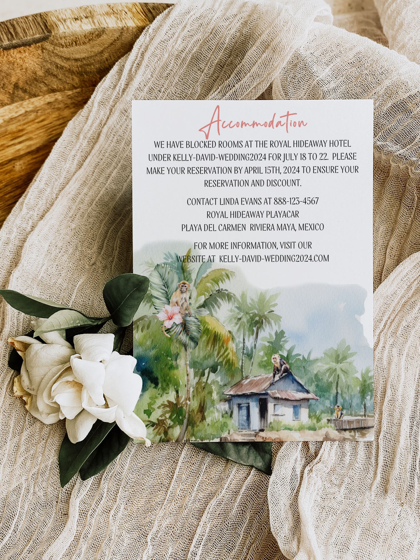 Tropical Accommodation Wedding Insert, Beach Accommodation Wedding Insert, Destination Wedding Invitation, Monkeys, Jungle, Instant Download - "Paraiso"