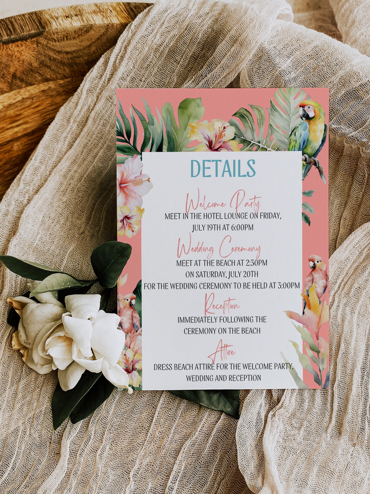 Tropical Details Wedding Insert, Beach Details Wedding Insert, Destination Wedding Invitation, Parrot, Jungle, Instant Download Watercolour Destination Wedding Accommodation 4.25x5.5" Instant Download - "Paraiso"