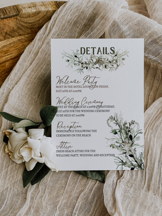 Beach Tropical Sea Shells Coral Underwater Watercolour Destination Wedding Details Insert 4.25x5.5" Instant Download - "Under the Sea"