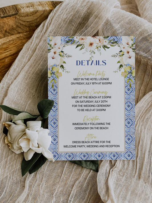 Mediterranean Greece Italy Portugal Watercolour Destination Wedding Details Insert 4.25x5.5" Instant Download - "Santorini"