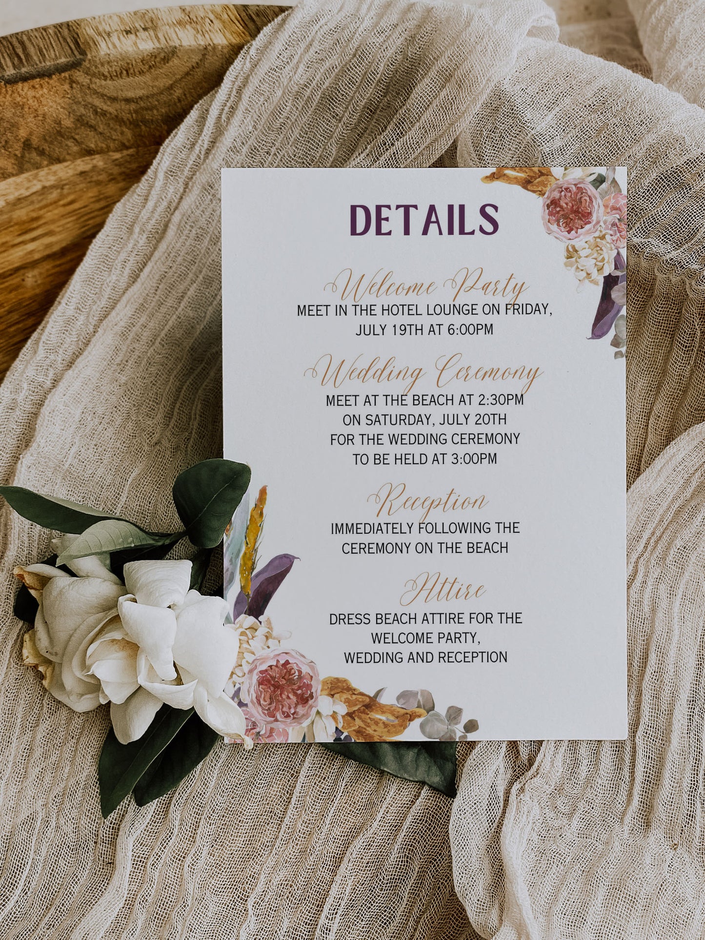 Beach Tropical Floral Cockatoo Watercolour Destination Wedding Welcome Insert 4.25x5.5" Instant Download - "Tropical Floral"
