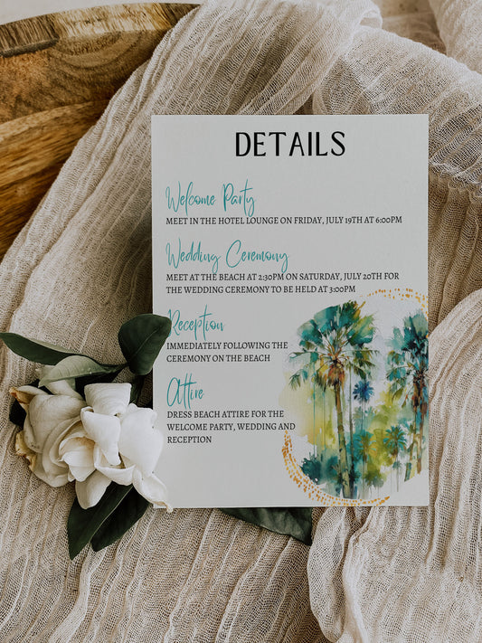 Beach Tropical Palm Tree Jungle Watercolour Destination Wedding Details Insert 4.25x5.5" Instant Download - "Tropical Palm"
