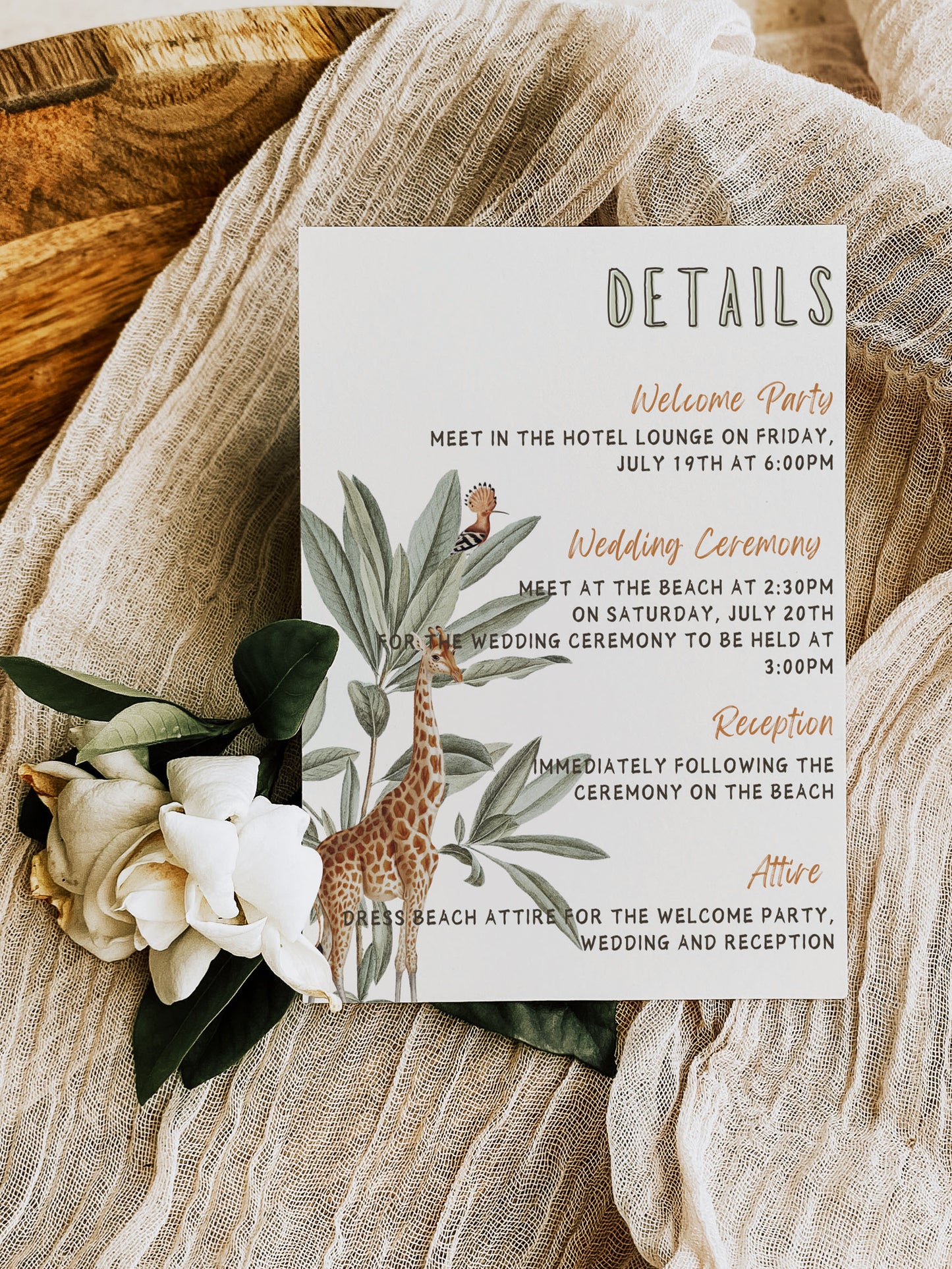 Safari Wedding Accommodation Insert, Jungle Wedding Accommodation Insert, Tropical Wedding Accommodation Insert, Giraffe, Instant Download - "Safari Jungle"
