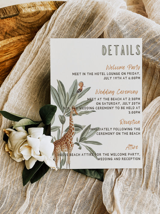 Tropical Details Wedding Insert, Beach Details Wedding Insert, Destination Wedding Invitation, Monkeys, Jungle, Instant Download - "Safari Jungle"