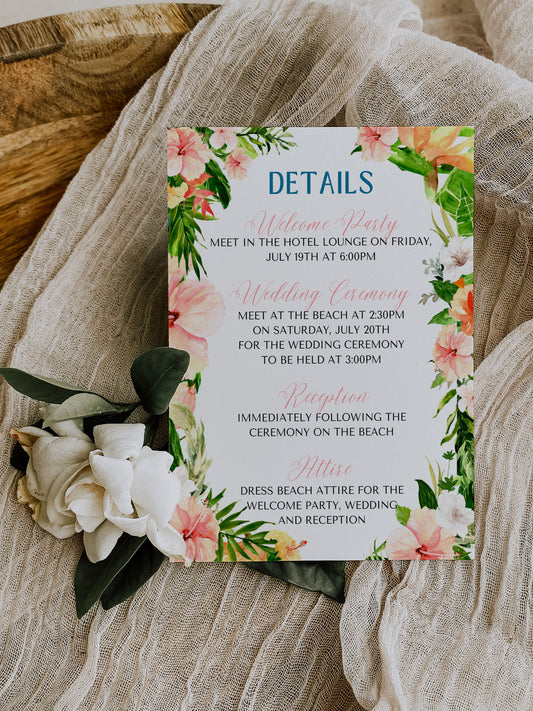 Beach Tropical Flamingo Hibiscus Frangipani Watercolour Destination Wedding Details Insert 4.25x5.5" Instant Download - "Tropical Flamingo"