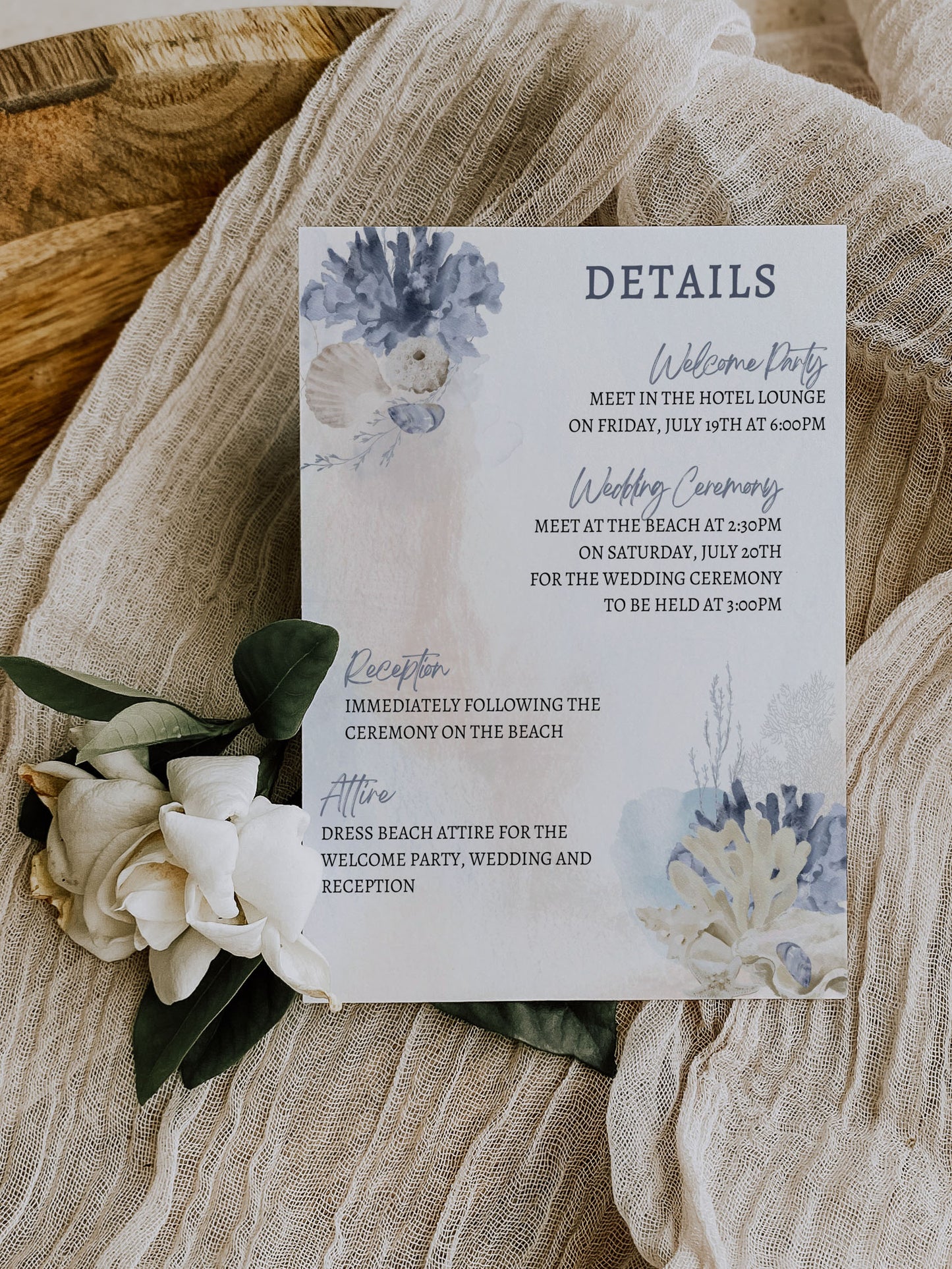 Beach Tropical Sea Shells Coral Watercolour Destination Wedding Invitation and RSVP Suite Instant Download - "WHITE SHORES"