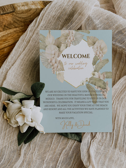 Beach Tropical Boho Leaves Coconut Orchid Watercolour Destination Wedding Welcome Insert 4.25x5.5" Instant Download - "BEACHY BOHO"