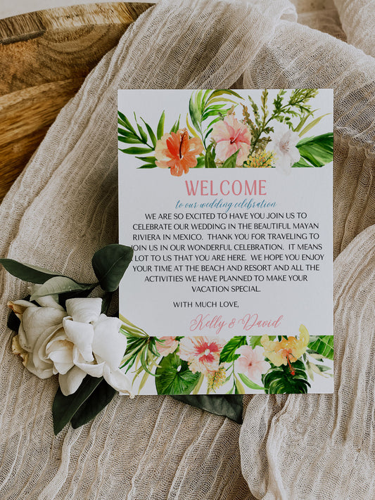 Beach Tropical Flamingo Hibiscus Frangipani Watercolour Destination Wedding Welcome Insert 4.25x5.5" Instant Download - "Tropical Flamingo"