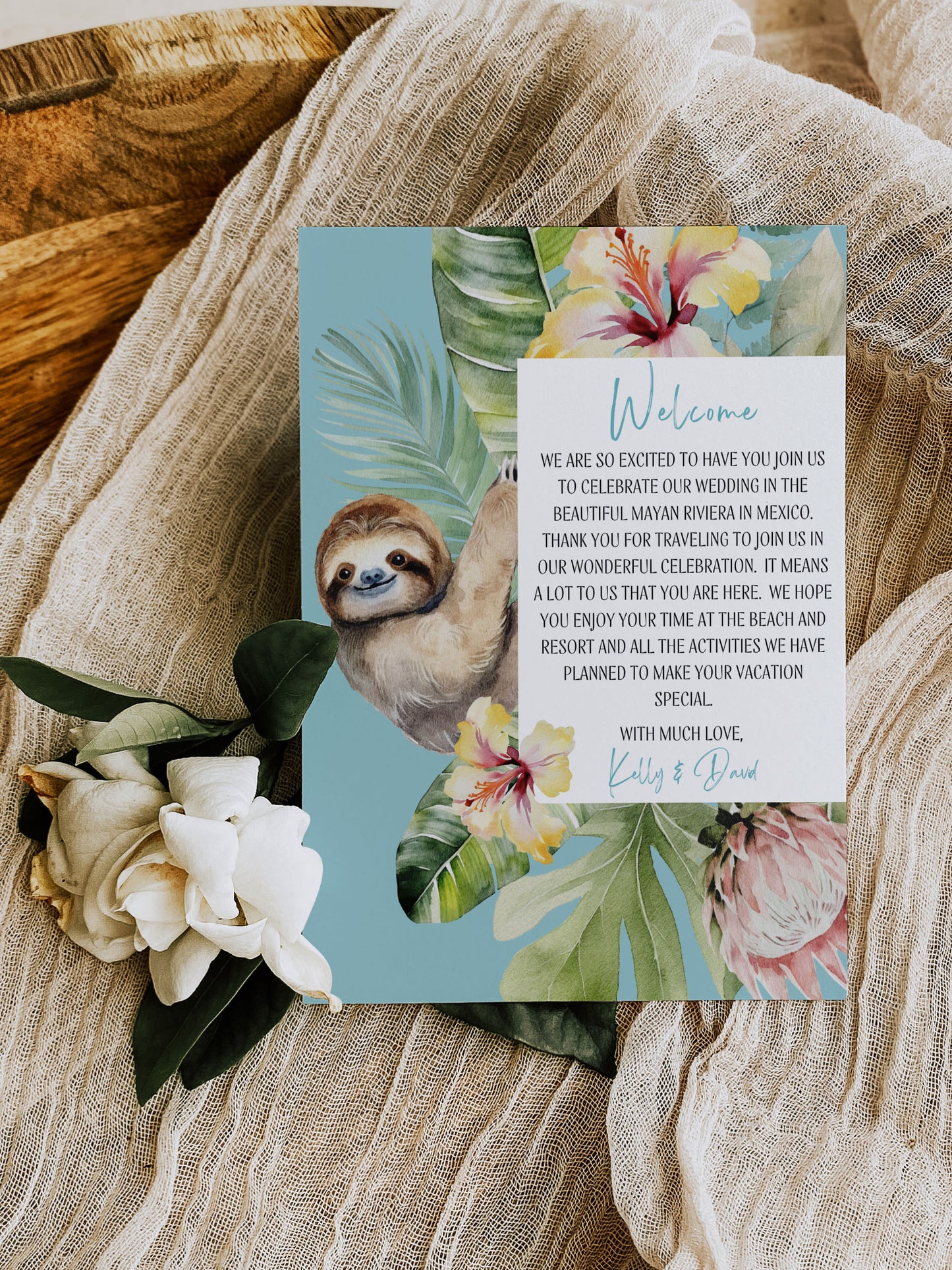 Beach Tropical Hibiscus Sloth Parrot Watercolour Destination Wedding Invitation and RSVP Suite Instant Download - "PARAISO"