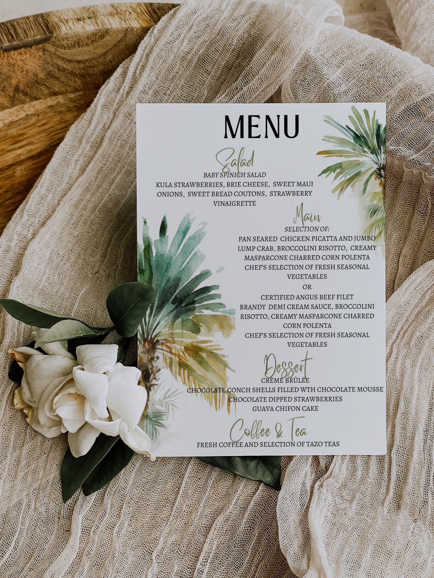 Beach Tropical Palm Trees Watercolour Destination Wedding Menu 5x7" Instant Download - "PALM TREES"