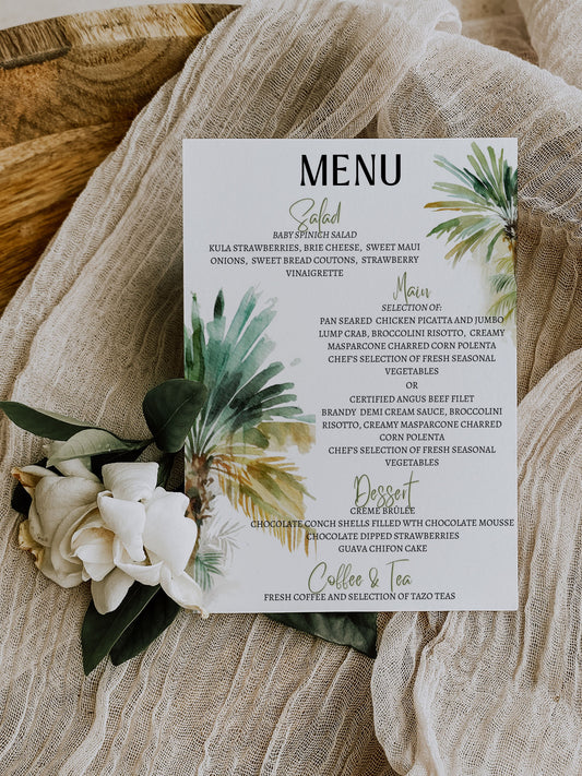 Beach Tropical Palm Trees Watercolour Destination Wedding Menu 5x7" Instant Download - "PALM TREES"