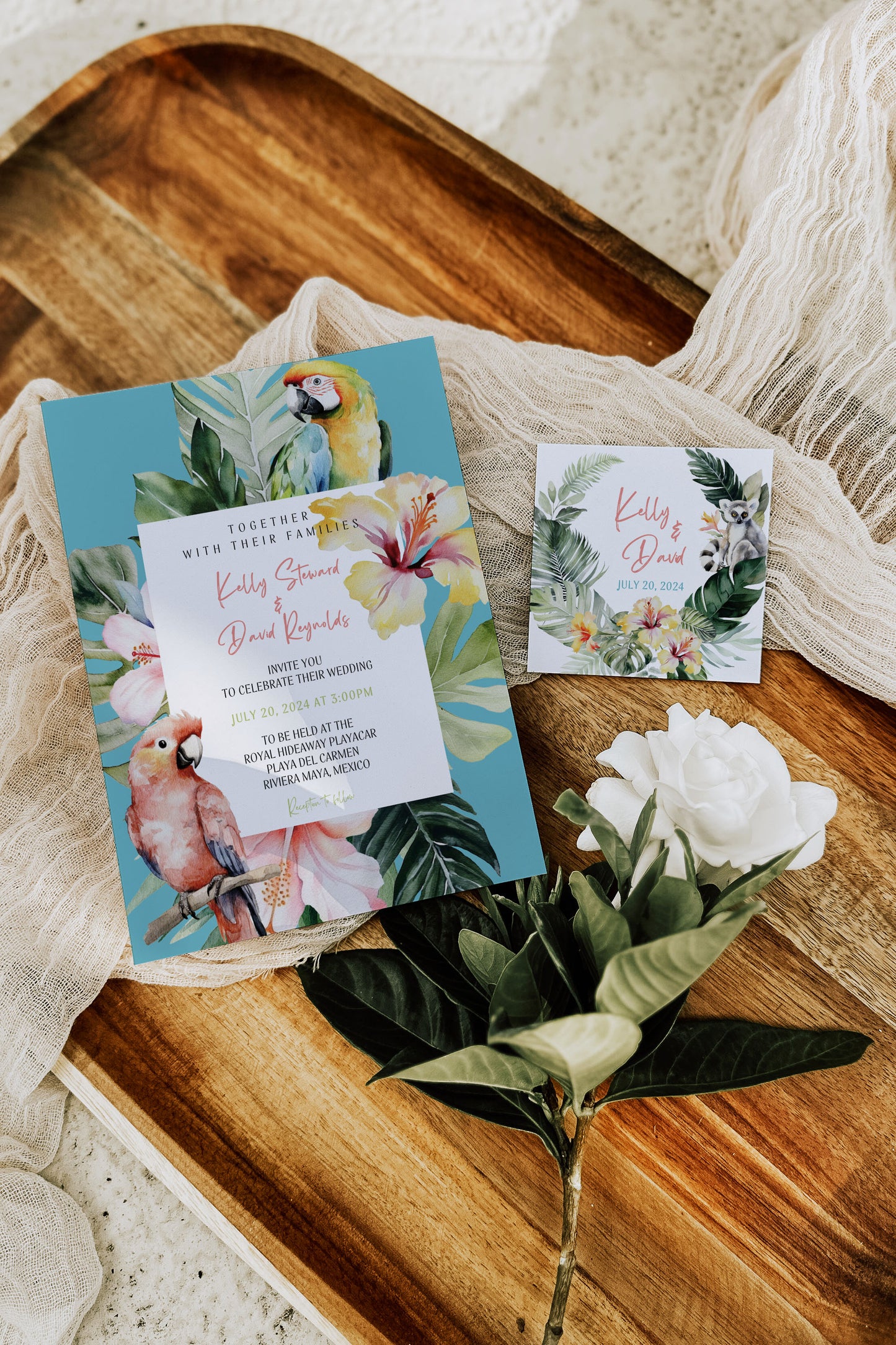 Beach Tropical Hibiscus Sloth Parrot Watercolour Destination Wedding Invitation and RSVP Suite Instant Download - "PARAISO"