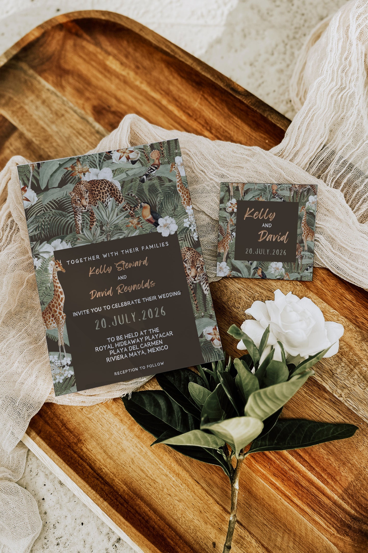 Safari Wedding Invitation, Jungle Wedding Invitation, Tropical Wedding Invitation, RSVP, Leopard, Giraffe, Toucan, Hoopoe, Watercolour Destination Wedding Invitation and RSVP Suite, Instant Download - "Safari Jungle"