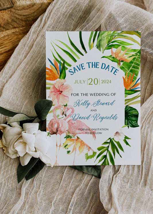 Beach Tropical Flamingo Hibiscus Frangipani Watercolour Destination Wedding Save the Date Instant Download - "Tropical Flamingo"