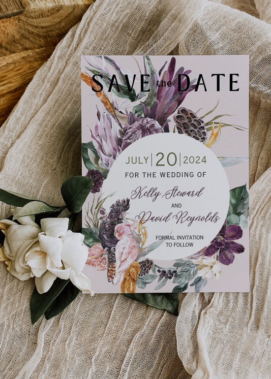Beach Tropical Floral Cockatoo Watercolour Destination Wedding Save the Date Instant Download - "Tropical Floral"