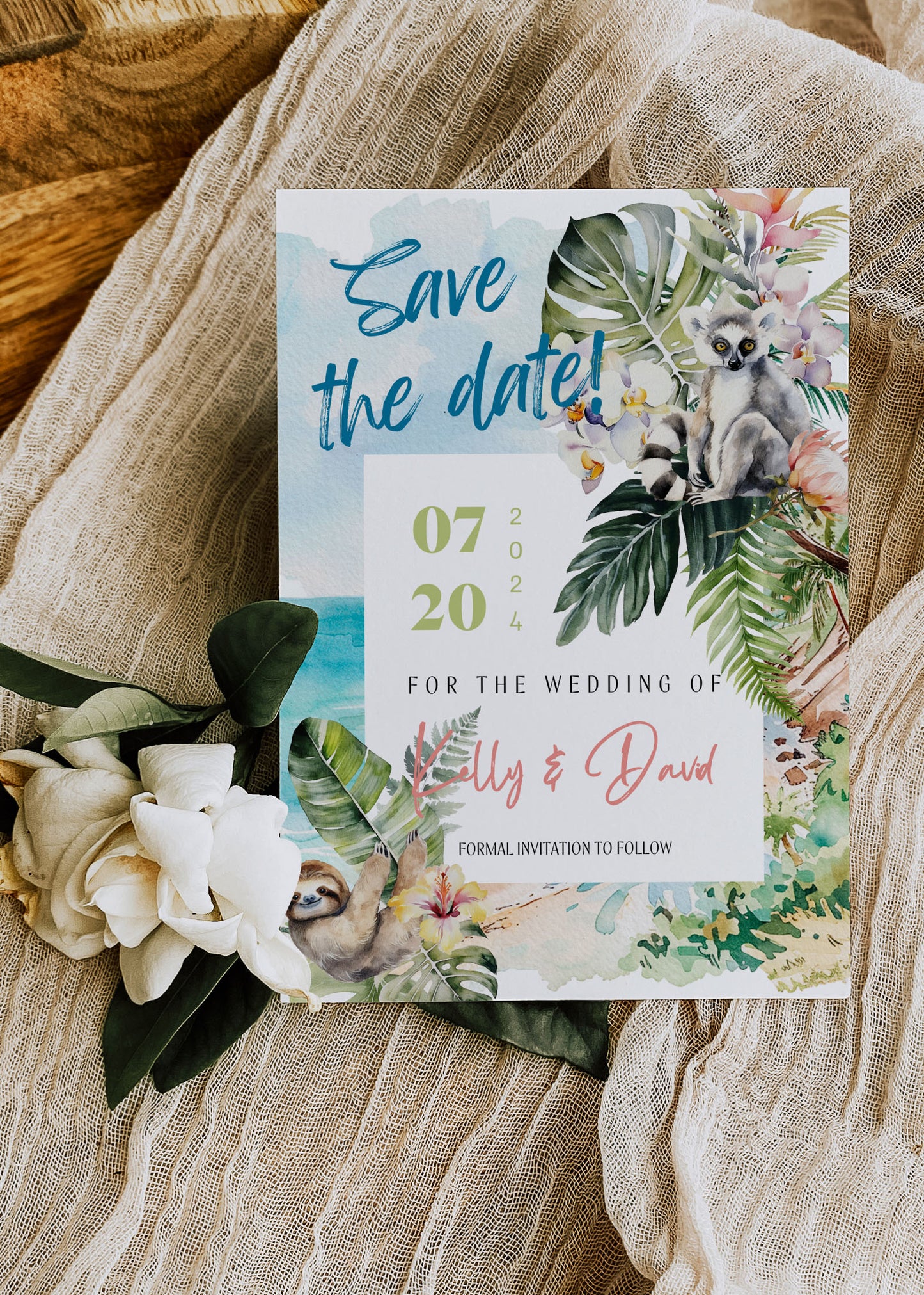 Beach Tropical Hibiscus Sloth Lemur Watercolour Destination Wedding Save the Date Instant Download - "PARAISO"