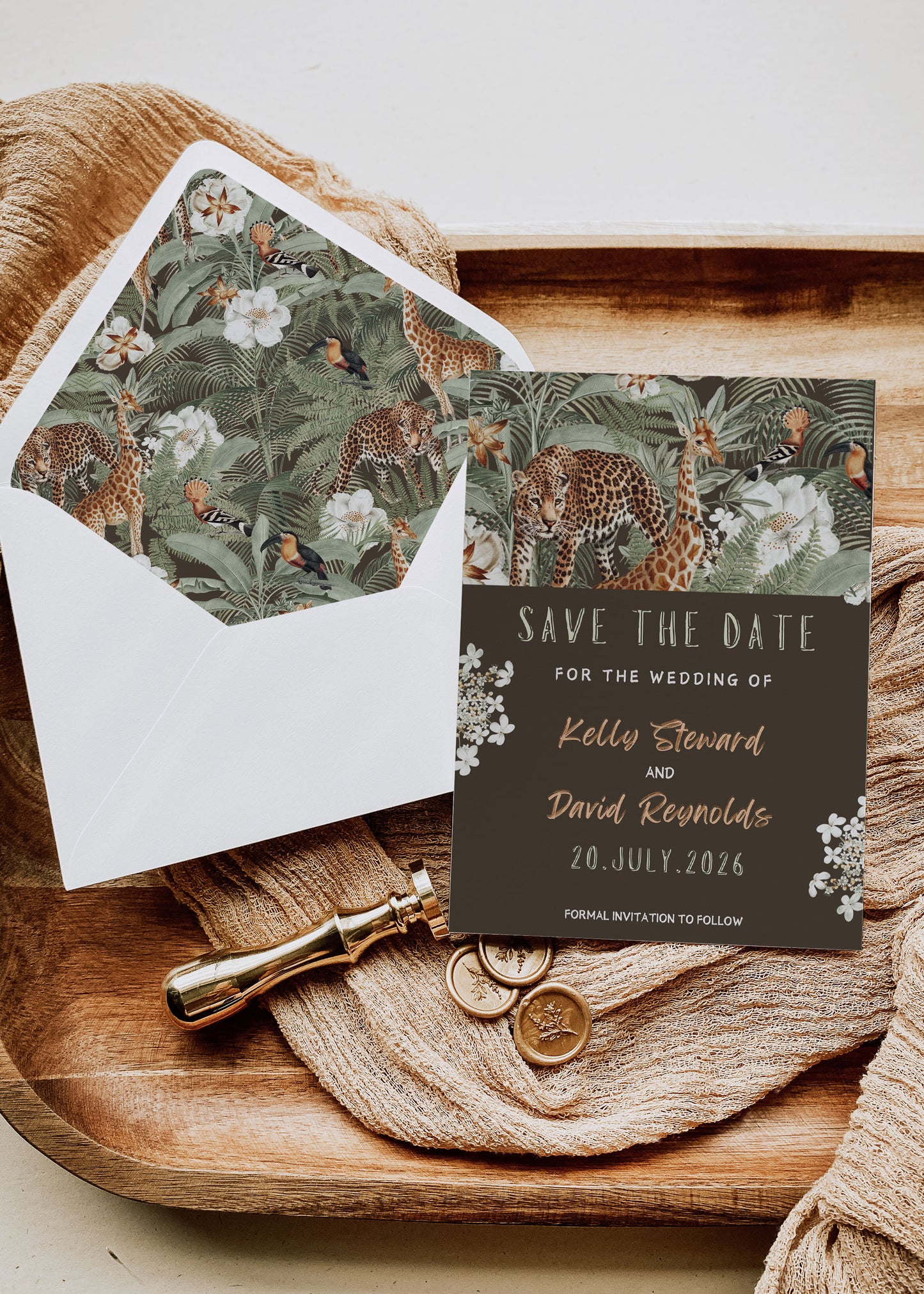 Safari Save the Date, Jungle Save the Date, Tropical Save the Date, Leopard, Giraffe, Toucan, Hoopoe, Watercolour Destination Wedding Save the Date, Instant Download - "Safari Jungle"