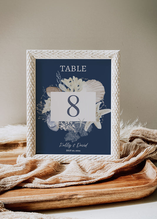 Beach Tropical Sea Shells Coral Watercolour Destination Wedding Table Number 5x7" Instant Download - "WHITE SHORES"