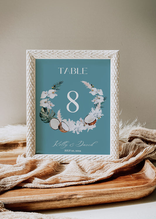 Beach Tropical Sea Shells Coral Coconut Watercolour Destination Wedding Table Number 5x7" Instant Download - "WHITE CORAL"