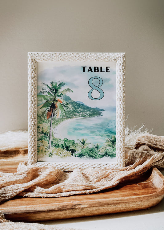 Bali Beach Tropical Palm Tree Jungle Temples Buddha Watercolour Destination Wedding Table Number 5x7" Instant Download - "Bali"