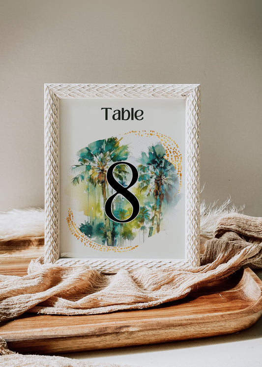 Beach Tropical Palm Tree Jungle Watercolour Destination Wedding Table Number 5x7" Instant Download - "Tropical Palm"