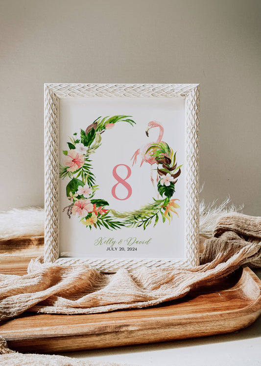 Beach Tropical Flamingo Hibiscus Frangipani Watercolour Destination Wedding Table Number 5x7" Instant Download - "Tropical Flamingo"