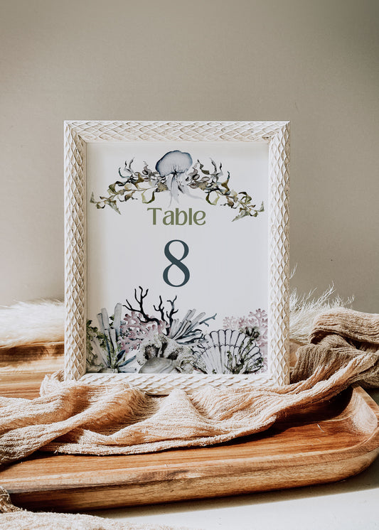 Beach Tropical Sea Shells Coral Underwater Watercolour Destination Wedding Table Number 5x7" Instant Download - "Under the Sea"