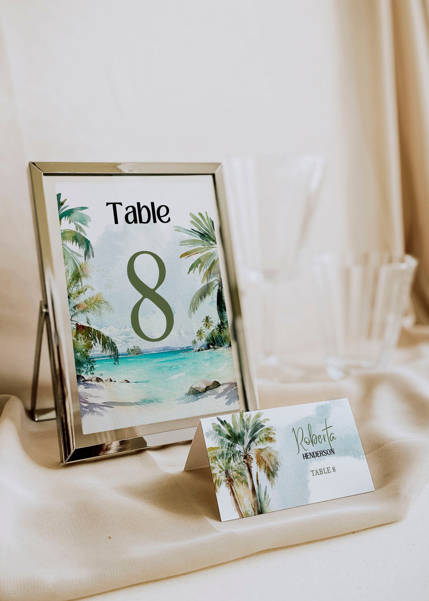 Beach Tropical Palm Trees Watercolour Destination Wedding Menu 5x7" Instant Download - "PALM TREES"
