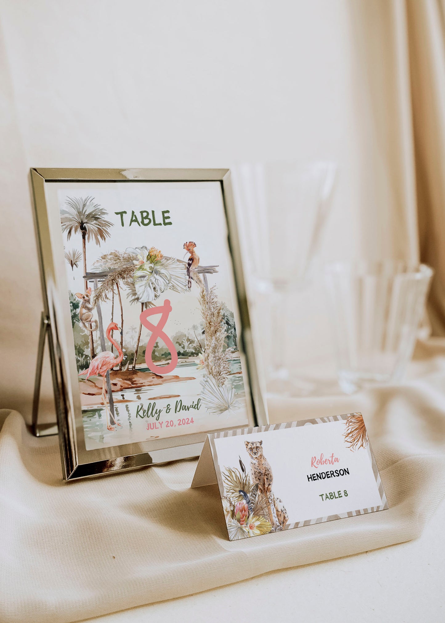 African Safari Savanna Wild Animal Tropical Palm Tree Watercolour Destination Wedding Menu 4x9" Instant Download - "African Safari"
