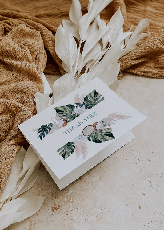 Beach Tropical Sea Shells Coral Coconut Watercolour Destination Wedding Thank You Card 5.5x4.25" Folded Instant Download - "WHITE CORAL"