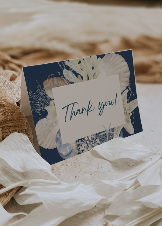 Beach Tropical Sea Shells Coral Watercolour Destination Wedding Thank You Card 5.5x4.25" Folded Instant Download - "WHITE SHORES"