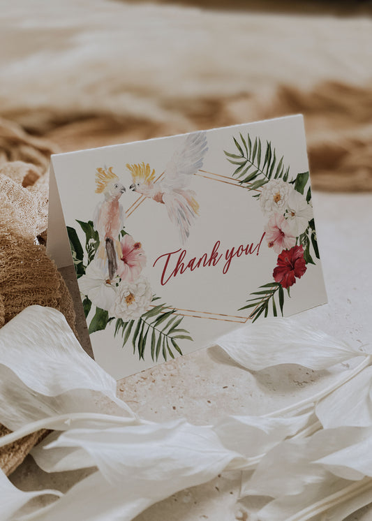 Beach Tropical Hibiscus Monstera Orchid Cockatoo Watercolour Destination Wedding Thank You 5.5x4.25 Folded Instant Download - "Hibiscus"