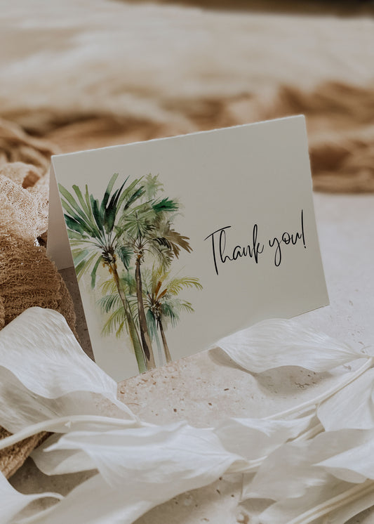 Beach Tropical Palm Trees Watercolour Destination Wedding Thank You Card 5.5x4.25" Folded Instant Download - "PALM TREES"