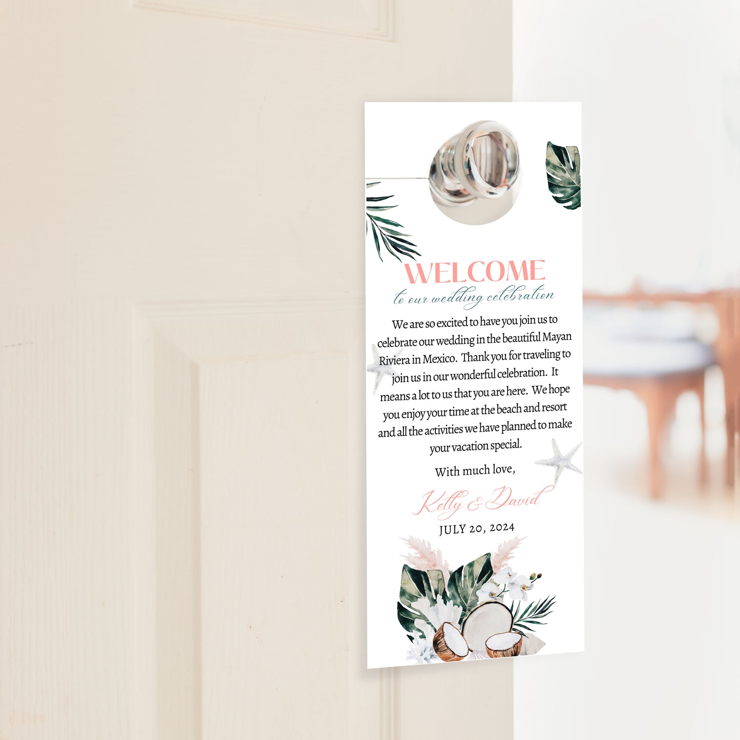 Beach Tropical Sea Shells Coral Coconut Watercolour Destination Wedding Door Hanger Sign 3.5x8.5" Instant Download - "WHITE CORAL"