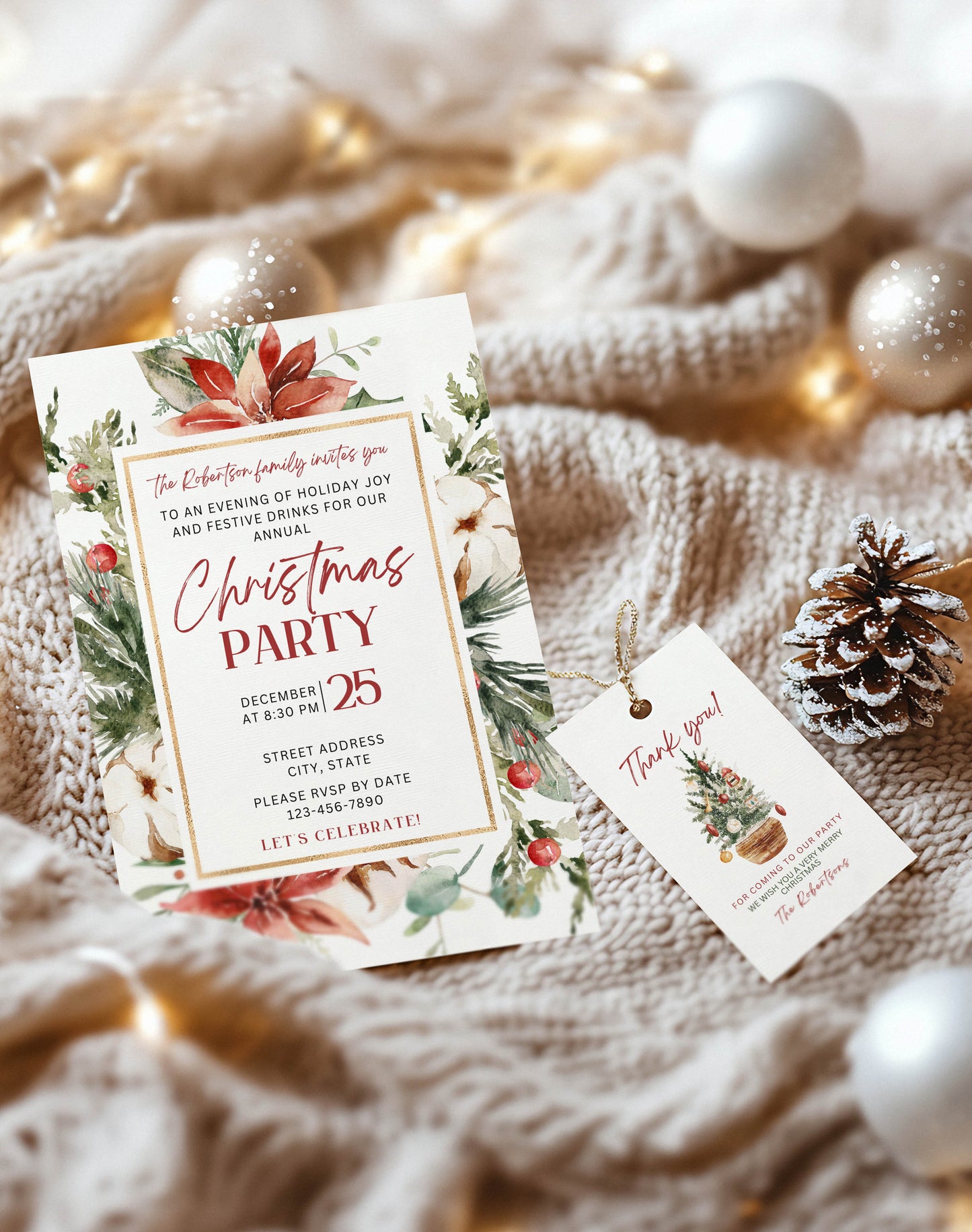 Christmas Poinsettia and Christmas Tree Gift Tag and Invitation
