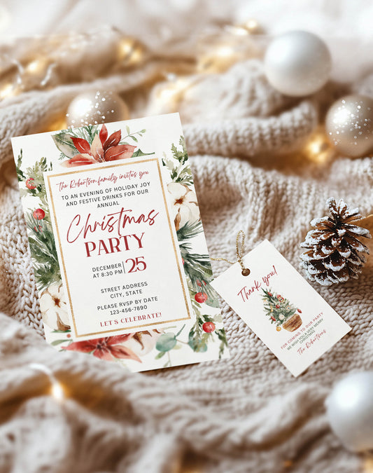 Christmas Poinsettia and Christmas Tree Gift Tag and Invitation