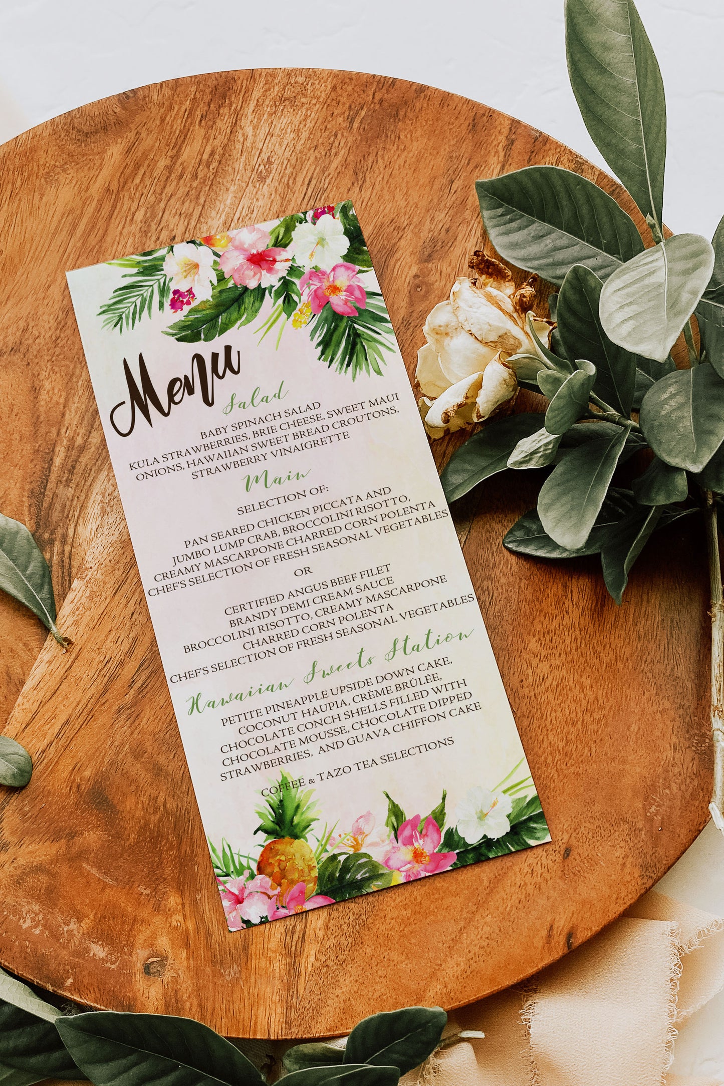 Digital Tropical Floral Watercolor Beach Destination Wedding 5x7" or 4x9" Menu - 'TROPICAL LUSH"