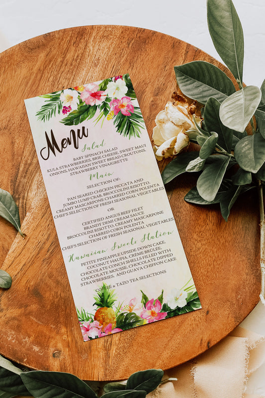 Digital Tropical Floral Watercolor Beach Destination Wedding 5x7" or 4x9" Menu - 'TROPICAL LUSH"