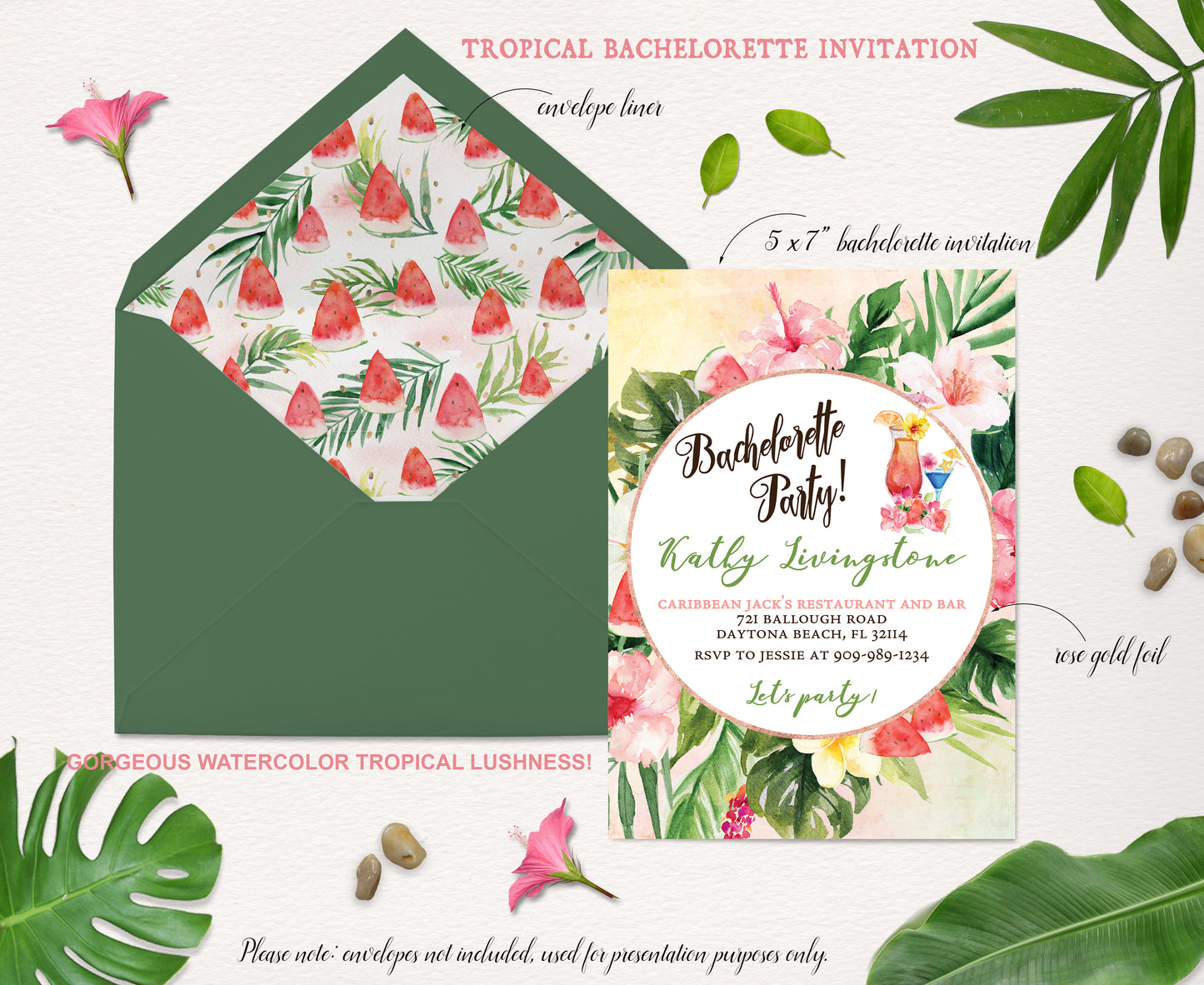 Tropical Floral Watercolor Beach Destination Wedding Bachelorette Party Invitation Digital - 'TROPICAL LUSH"