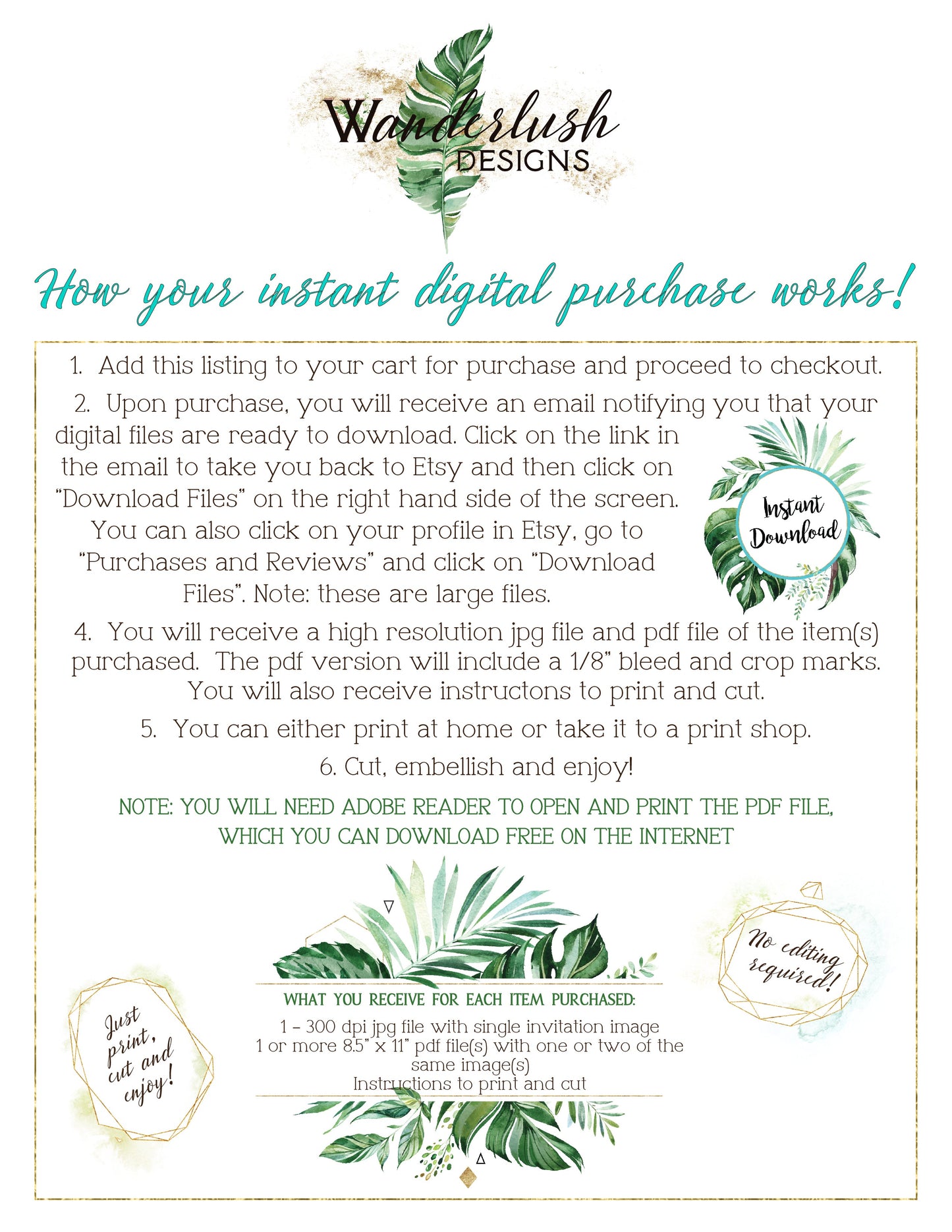Tropical Floral Watercolor A7 & A2 Euro Flap Envelope Liners 4D Digital "Instant Download" - 'TROPICAL LUSH"