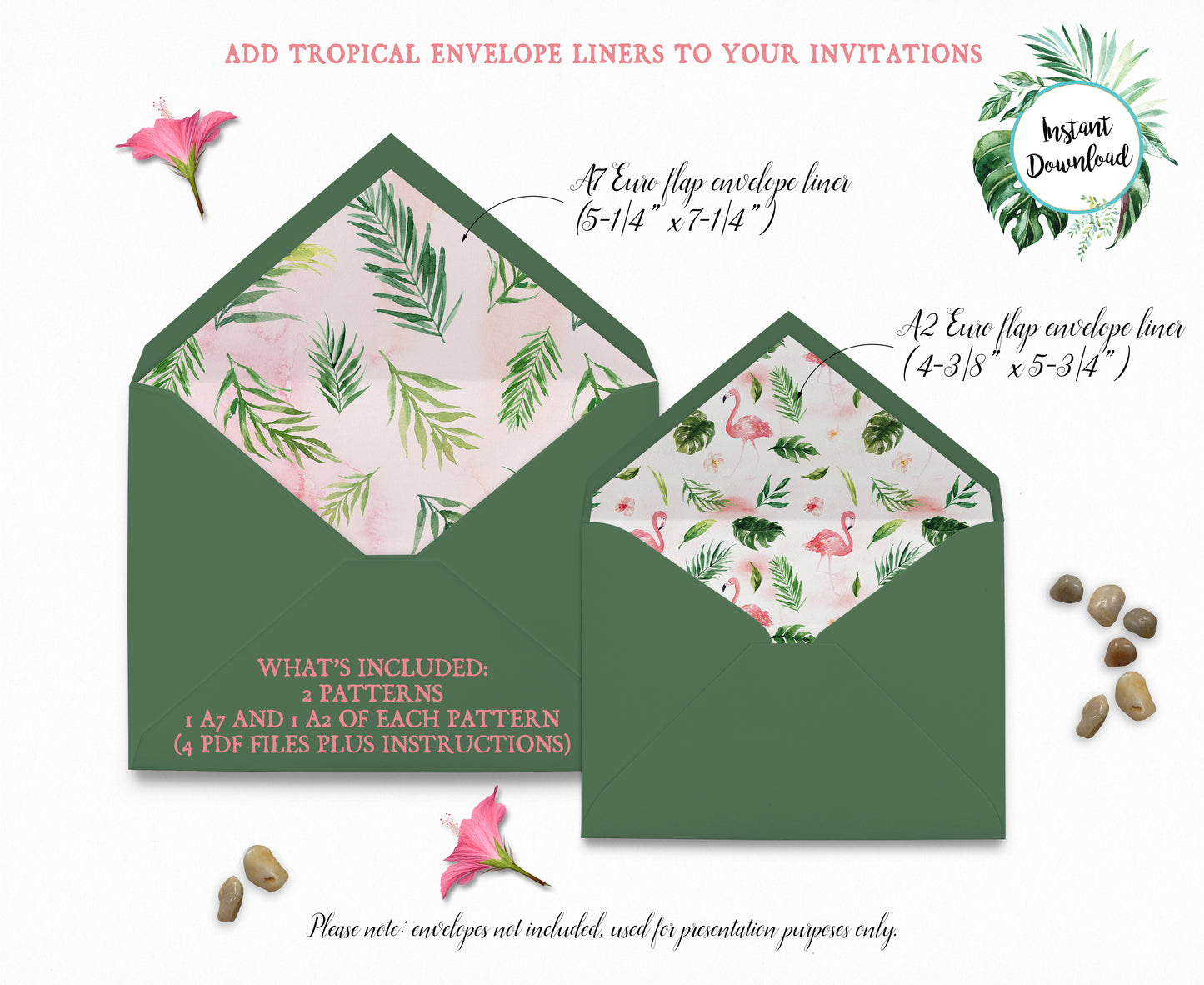Tropical Floral Watercolor A7 & A2 Euro Flap Envelope Liners 2D Digital "Instant Download" - 'TROPICAL LUSH"