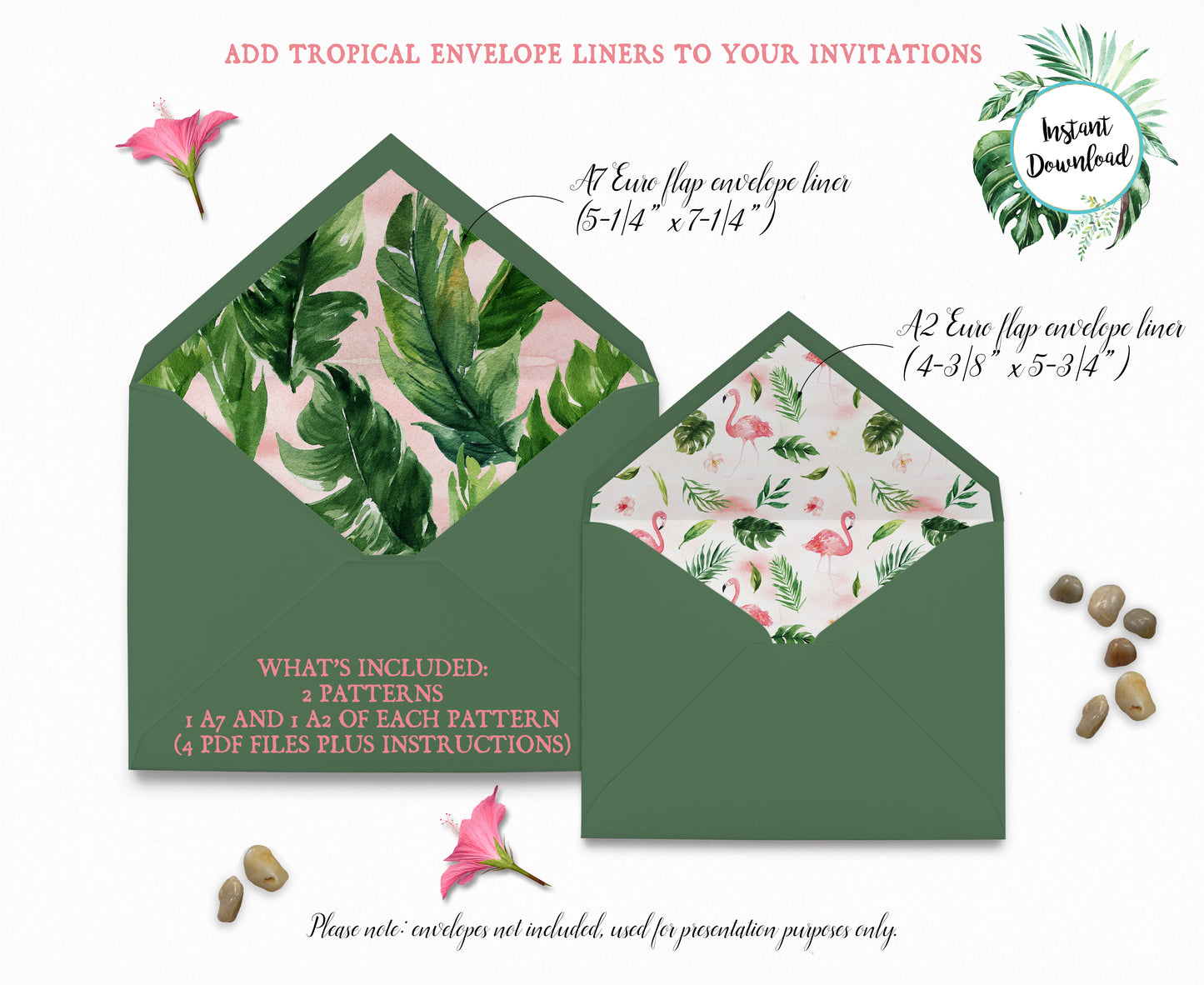 Tropical Floral Watercolor A7 & A2 Euro Flap Envelope Liners 3D Digital "Instant Download" - 'TROPICAL LUSH"