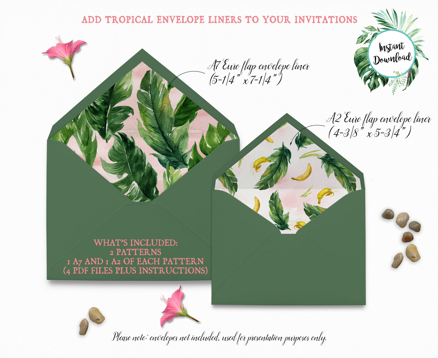 Tropical Floral Watercolor A7 & A2 Euro Flap Envelope Liners 4D Digital "Instant Download" - 'TROPICAL LUSH"