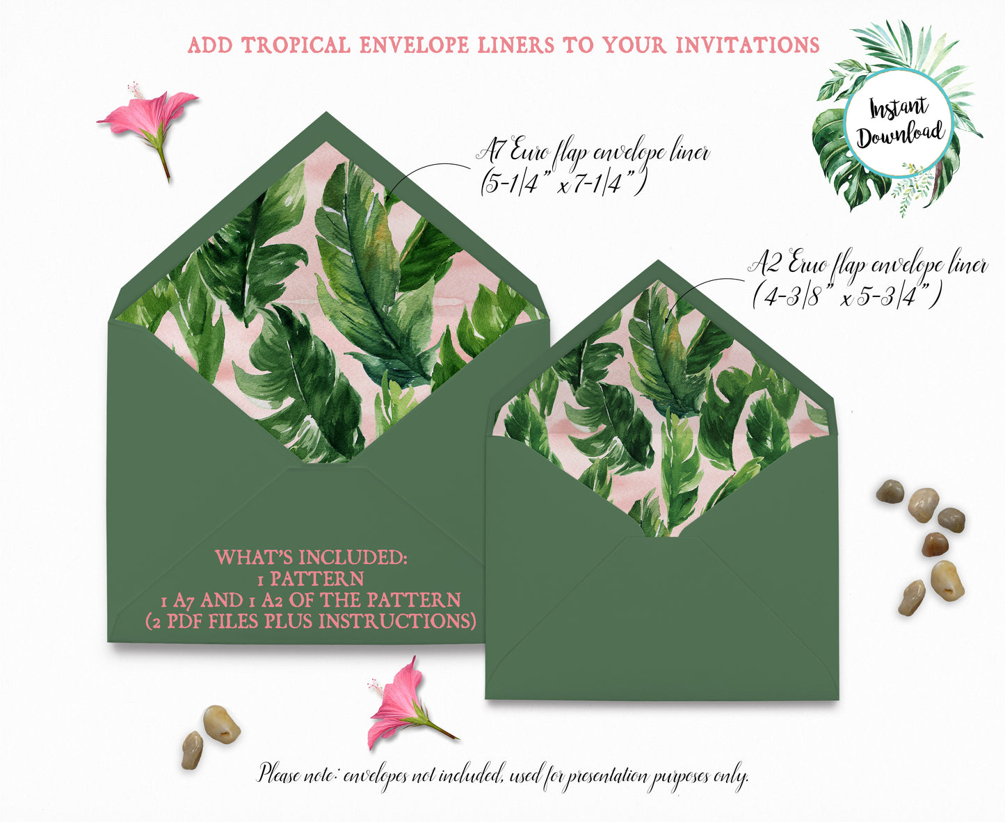 Tropical Floral Watercolor A7 & A2 Euro Flap Envelope Liners 5 Digital "Instant Download" - 'TROPICAL LUSH"