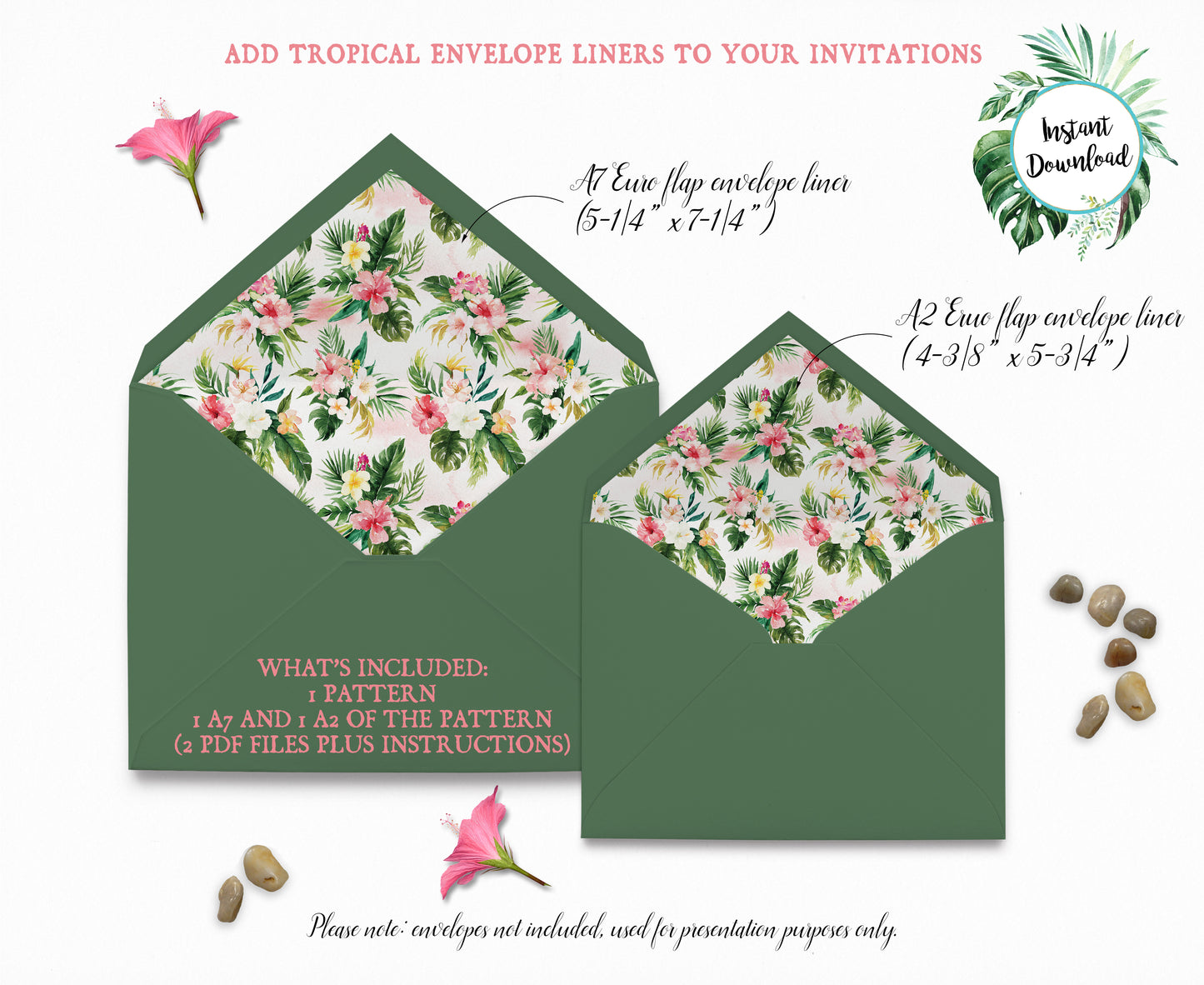 Tropical Floral Watercolor A7 & A2 Euro Flap Envelope Liners 2 Digital "Instant Download" - 'TROPICAL LUSH"