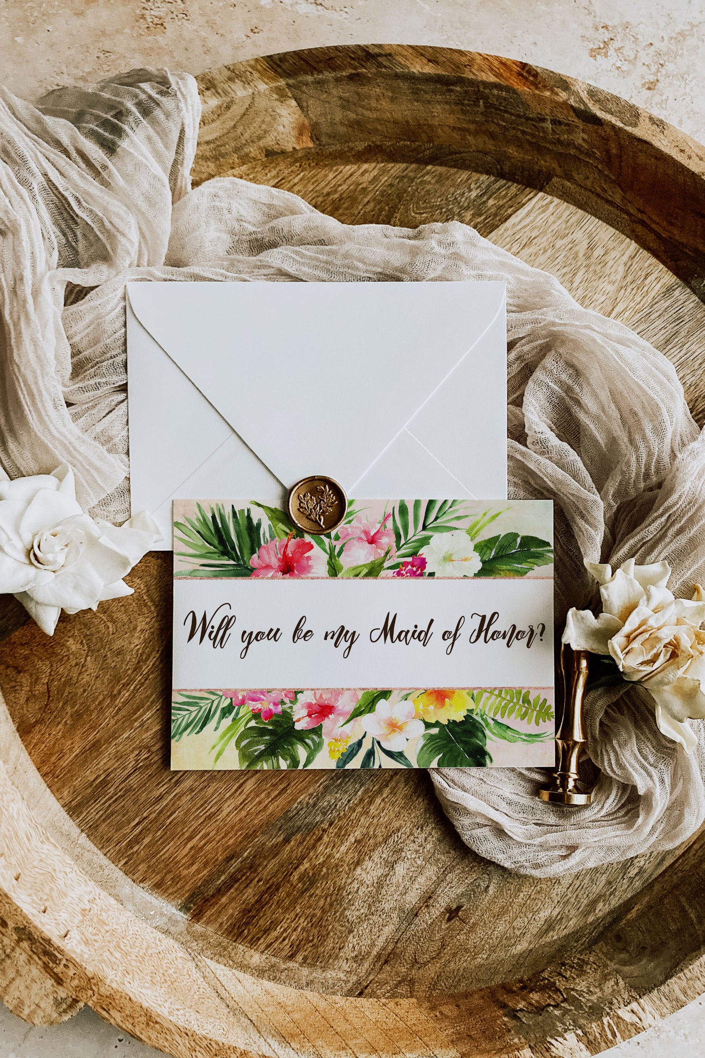 Tropical Floral Watercolor Beach Destination "Will you be my Maid of Honor" Digital "Instant Download" Invitation 1 - 'TROPICAL LUSH"