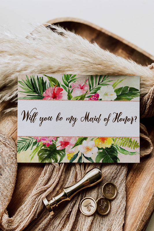 Tropical Floral Watercolor Beach Destination "Will you be my Maid of Honor" Digital "Instant Download" Invitation 1 - 'TROPICAL LUSH"