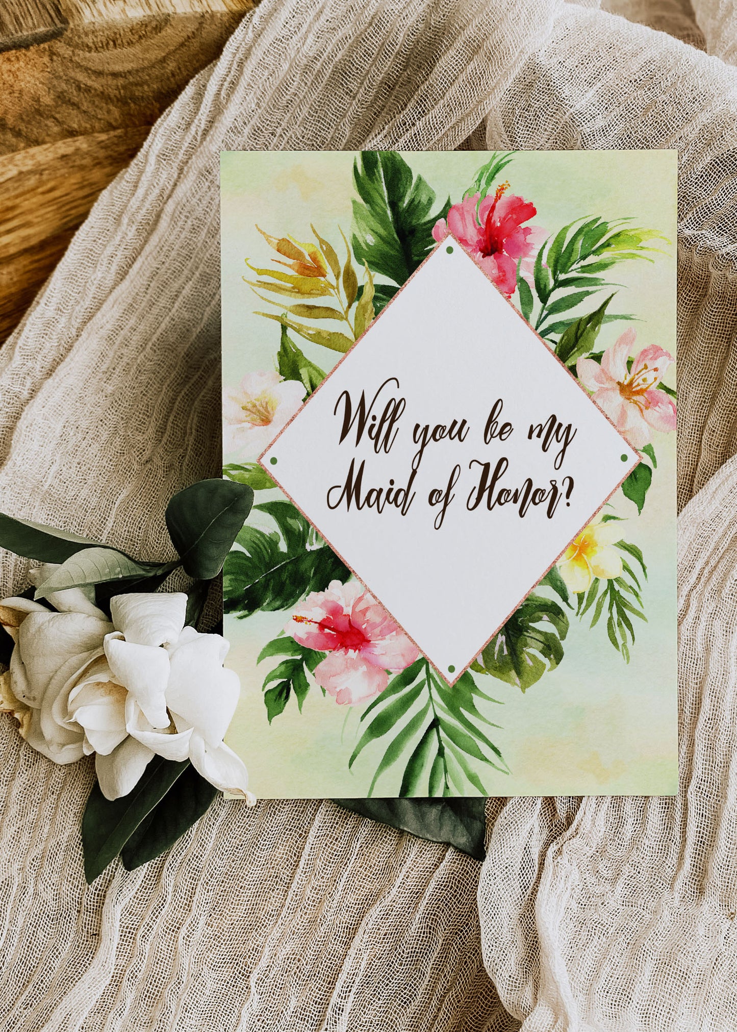 Tropical Floral Watercolor Beach Destination "Will you be my Maid of Honor" Digital "Instant Download" Invitation 2 - 'TROPICAL LUSH"